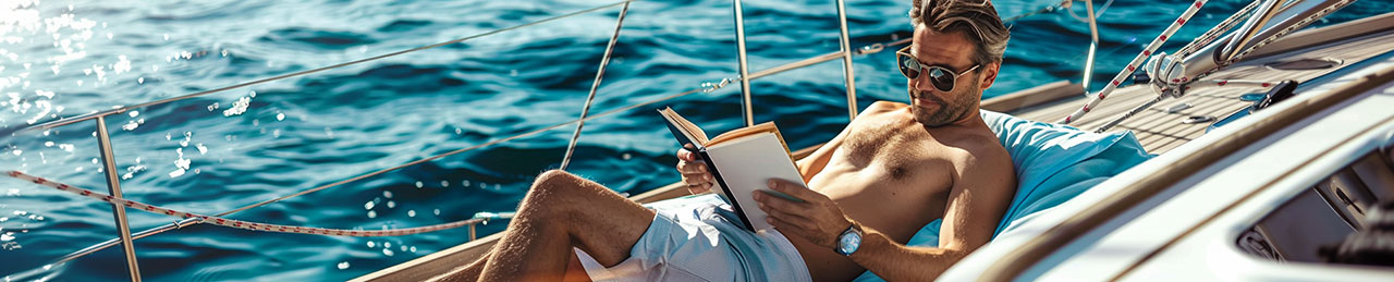 Ein Segler liest ein Hafenhandbuch an Bord