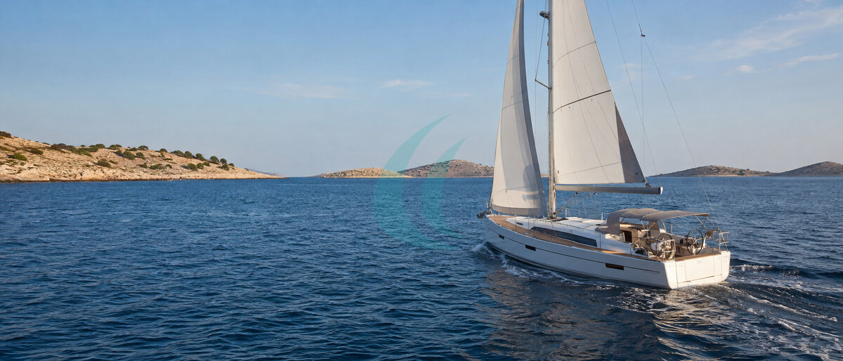 Weiße Segelyacht zwischen niedrigen Kalksteininseln im Kornati-Archipel.