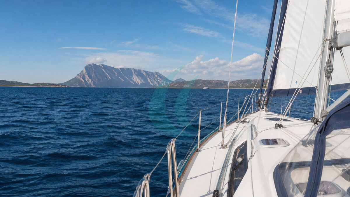 Blick vom Segelboot zurück auf Tavolara vor der Einfahrt in den Golf von Olbia